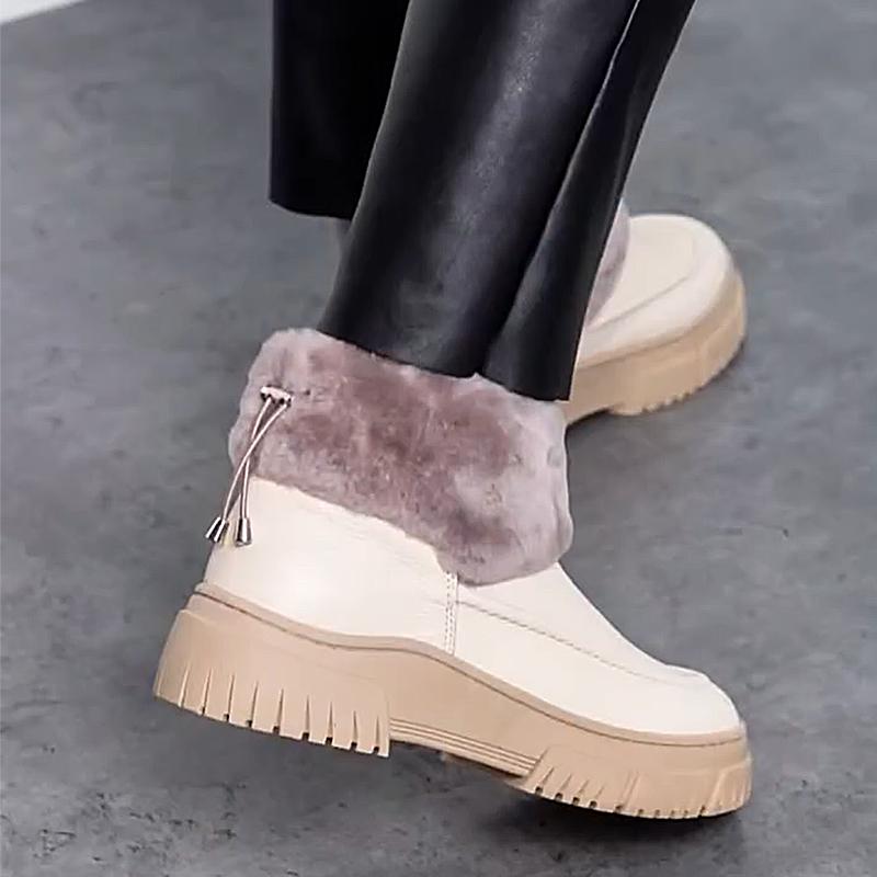 Women's Cream Leather Plush Short Snow Boots