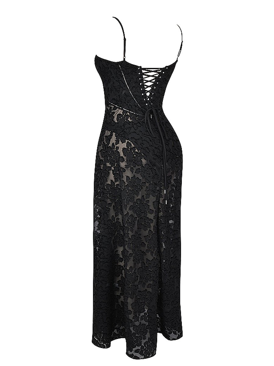 Vintage Black Lace Flower Maxi Dress