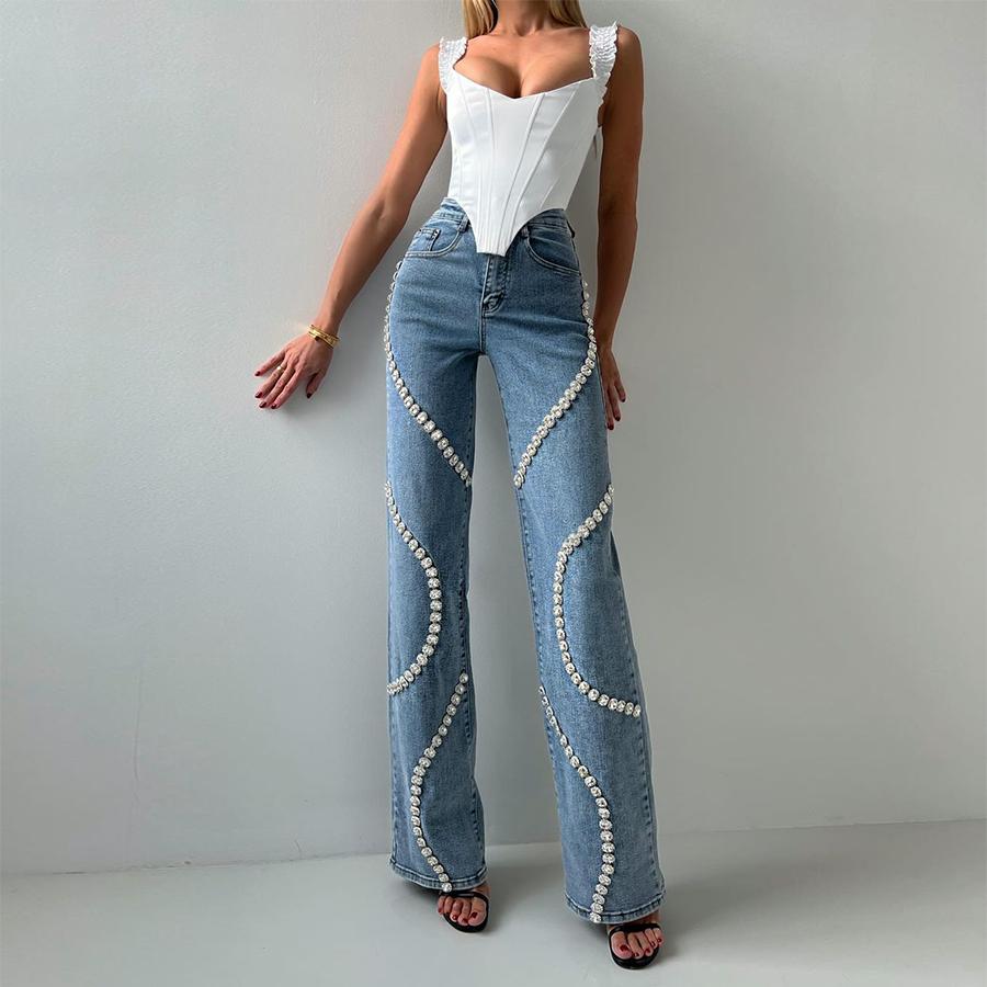 Wrap Around Rhinestone Relaxed Straight Jeans