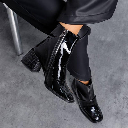 Black Patent Leather Square Toe Women's Boots