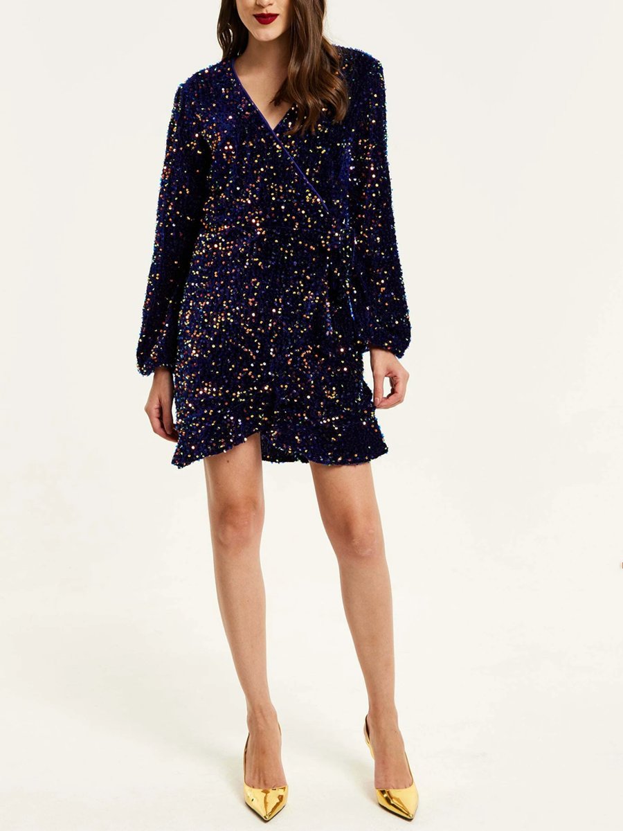 Blue Velvet Sequins Mini Dress