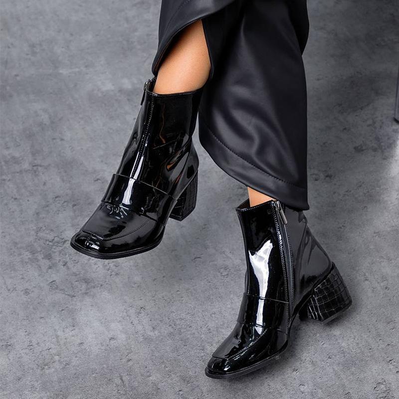 Black Patent Leather Square Toe Women's Boots