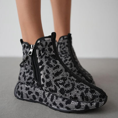 Women's Leopard Print Rhinestone Warm Casual Boots