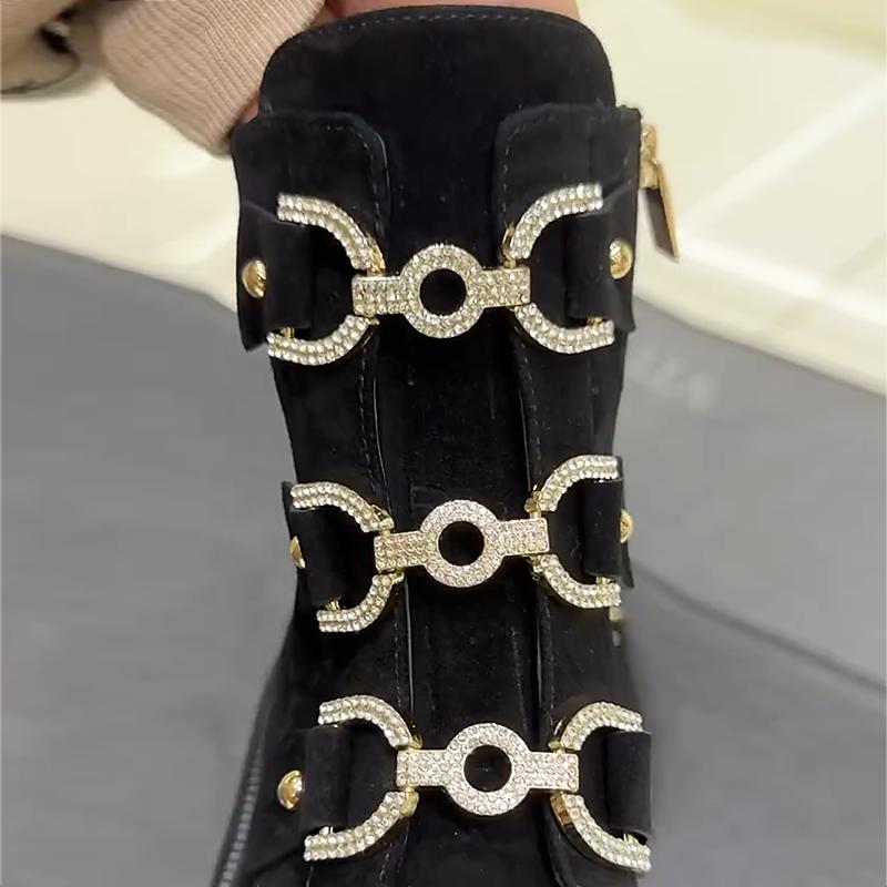 Suede Rhinestone Buckle Women's Martin Boots