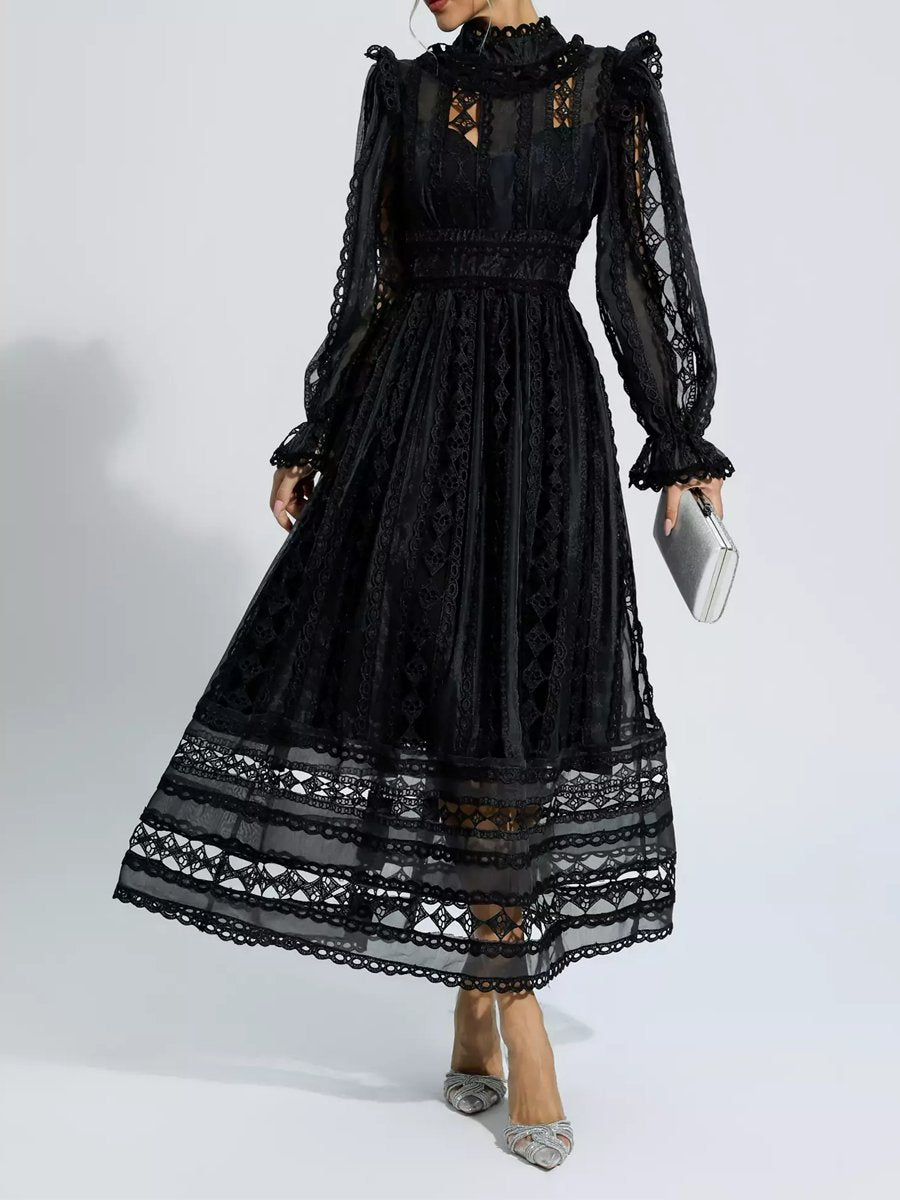Black Hollow Lace Long-Sleeve Maxi Dress