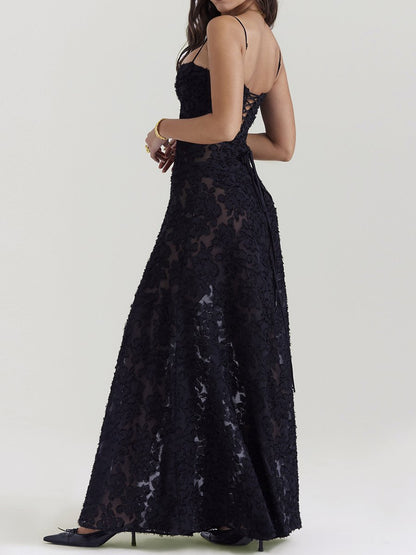 Vintage Black Lace Flower Maxi Dress