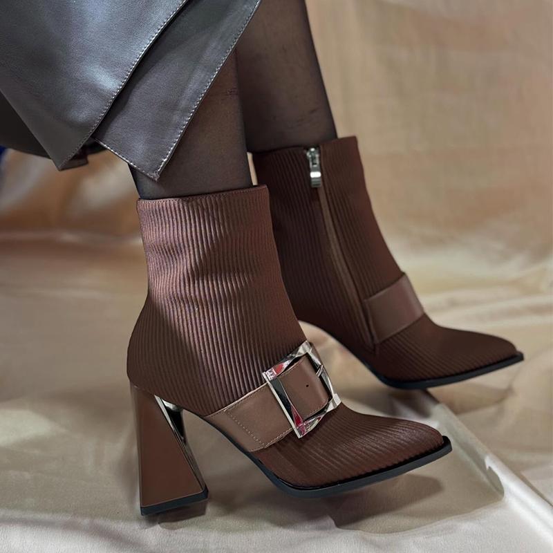 Leather Buckle Stretch Suede Chunky Heel Women's Boots