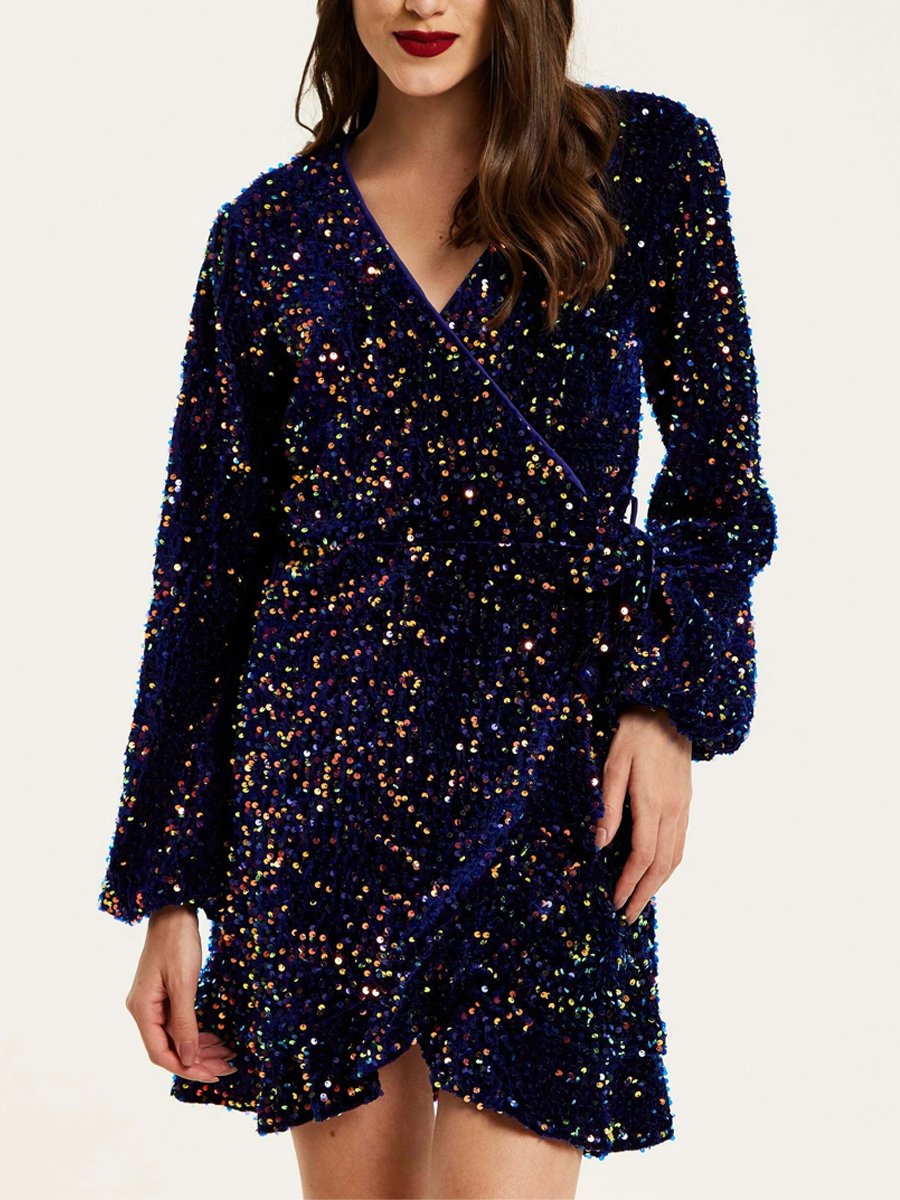 Blue Velvet Sequins Mini Dress