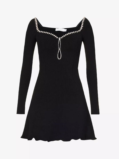 Diamante-embellished Ribbed-texture Knitted Mini Dress