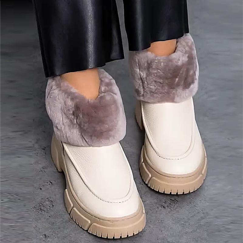 Women's Cream Leather Plush Short Snow Boots