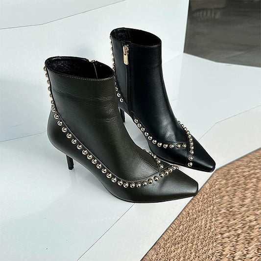 Women's Studded Low Heel Leather Ankle Boots