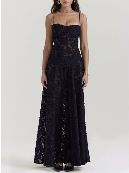 Vintage Black Lace Flower Maxi Dress