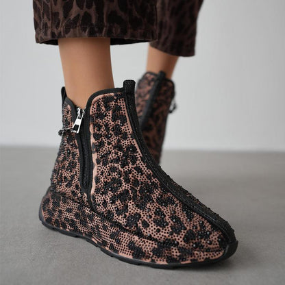 Women's Leopard Print Rhinestone Warm Casual Boots