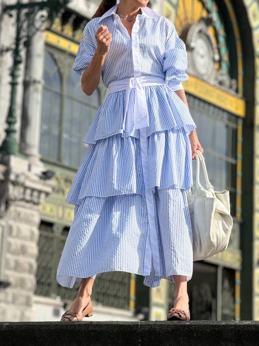 Blue Striped Shirt Stacked Maxi Dress