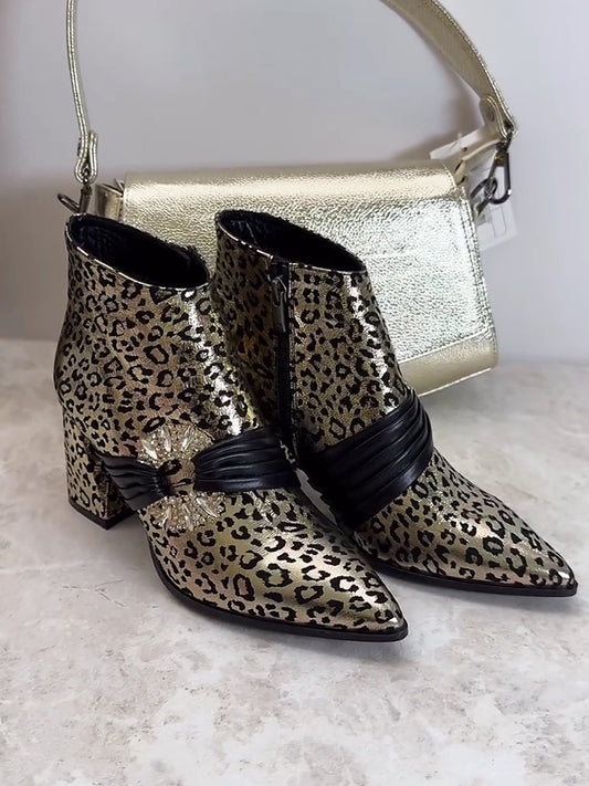 Gold Leopard Print Chunky Heel Leather Ankle Boots