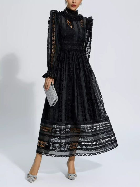 Black Hollow Lace Long-Sleeve Maxi Dress