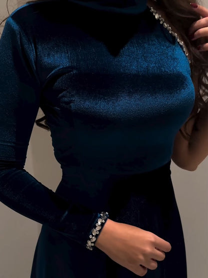 One-sleeve Velvet Rhinestone Maxi Dress