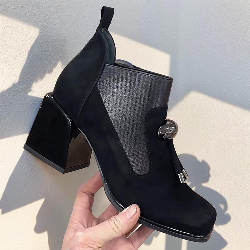 Women's Black Suede Chunky Heel Ankle Boots