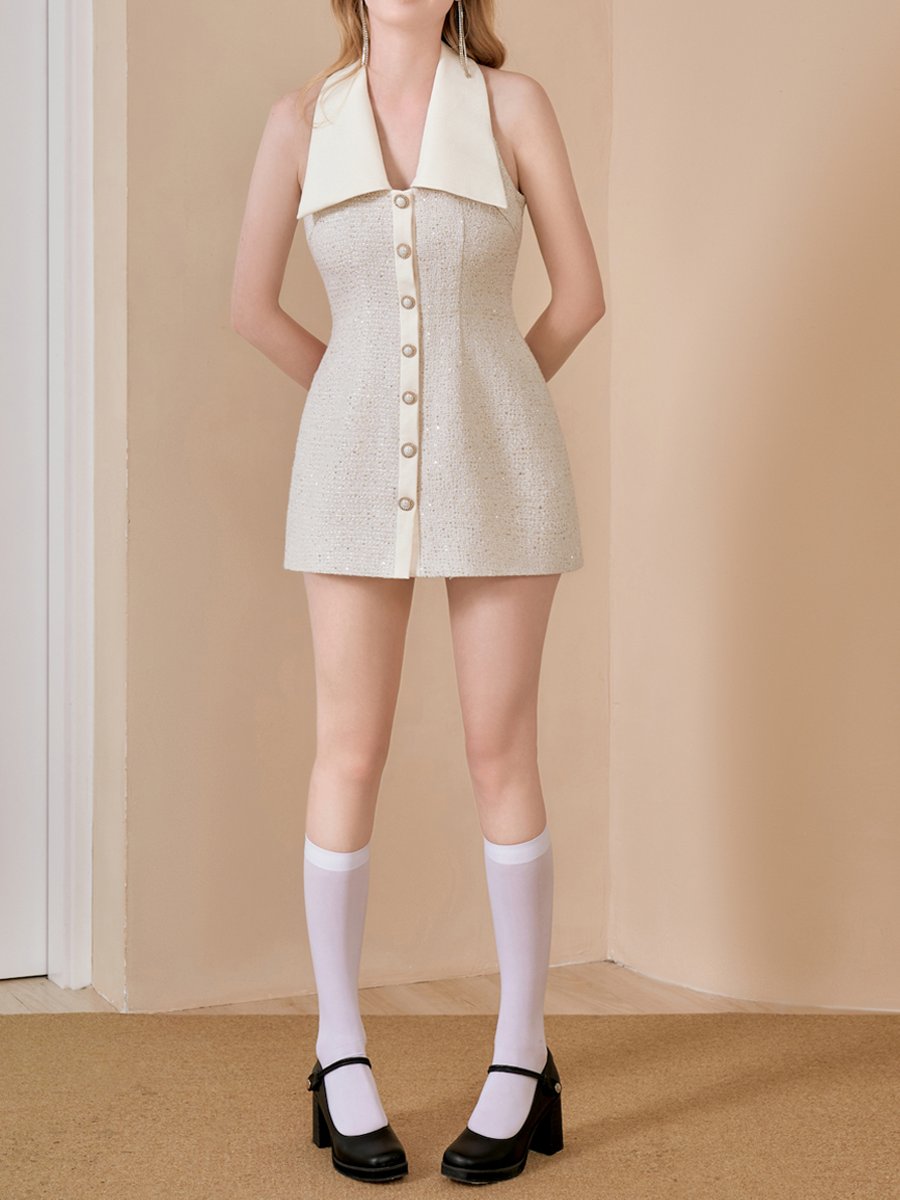 Lapel Sequined Wool Knit Vest Mini Dress