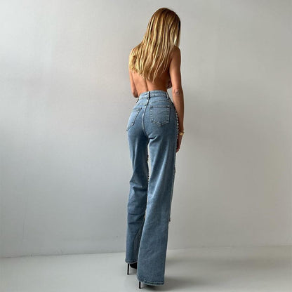 Wrap Around Rhinestone Relaxed Straight Jeans