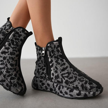 Women's Leopard Print Rhinestone Warm Casual Boots