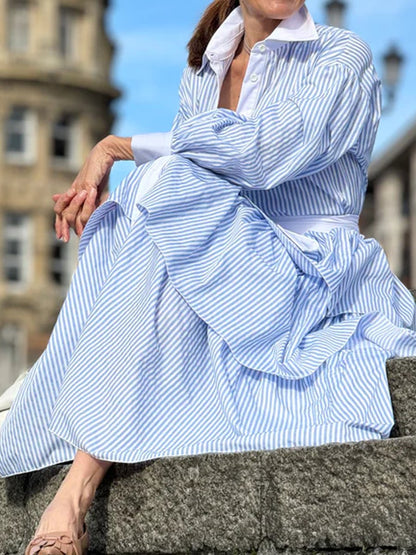 Blue Striped Shirt Stacked Maxi Dress