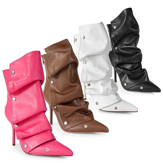 Ruffled Stacked Leather Women's Boots