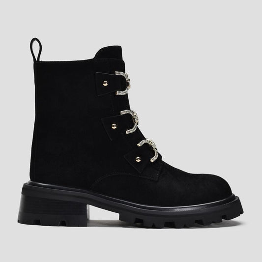 Suede Rhinestone Buckle Women's Martin Boots