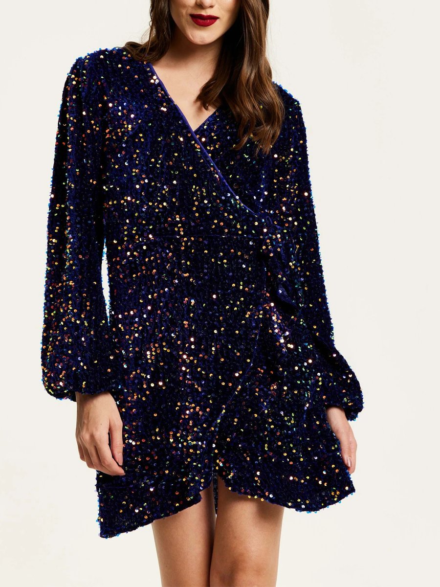 Blue Velvet Sequins Mini Dress