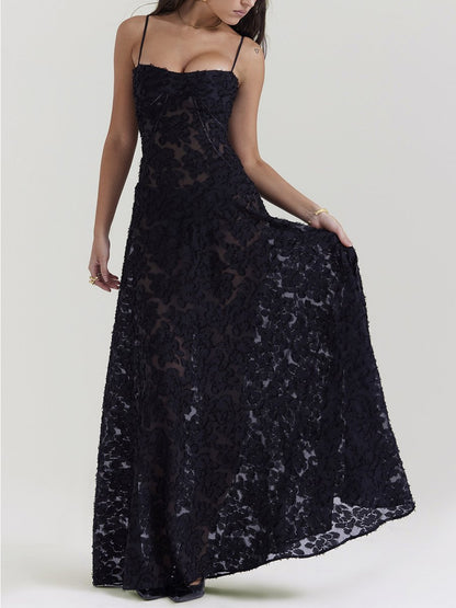 Vintage Black Lace Flower Maxi Dress