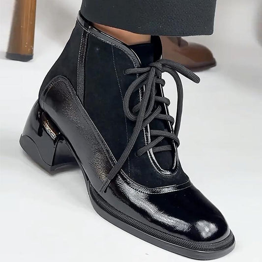 Lace-up Leather Patchwork Stretch Chunky Heel Shoes