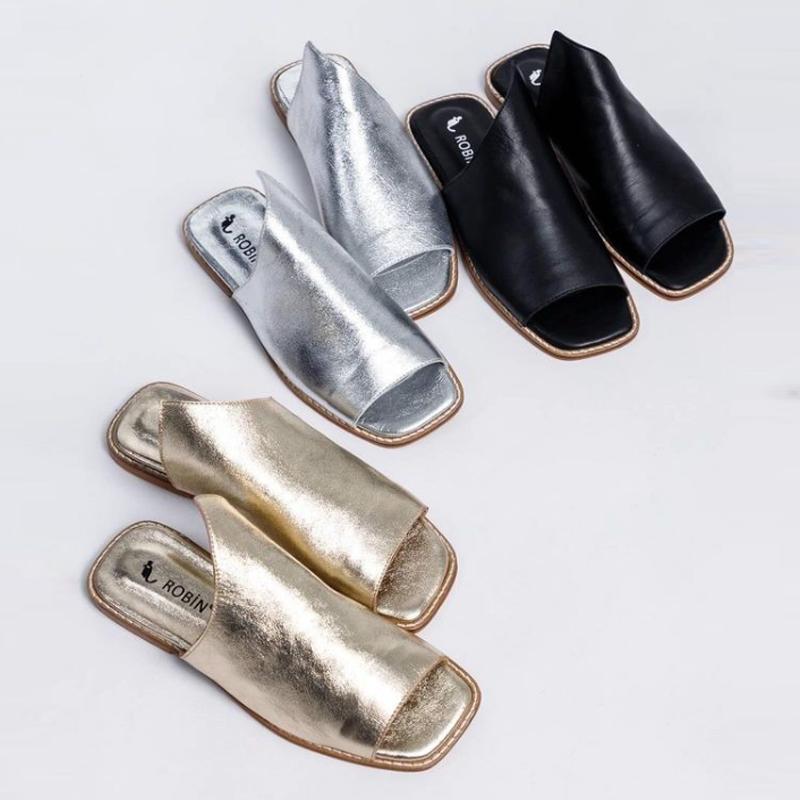 Asymmetric Leather Women's Flat Slippers