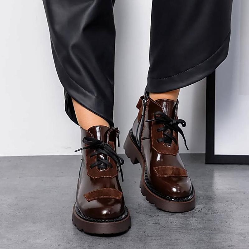 Women's Coffee Patent Leather Lace-Up Boots