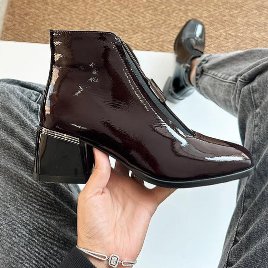 Delicate Patent Leather Chunky Heel Women's Ankle Boots