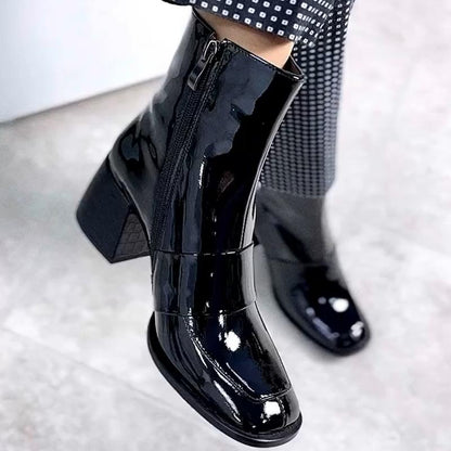 Black Patent Leather Square Toe Women's Boots