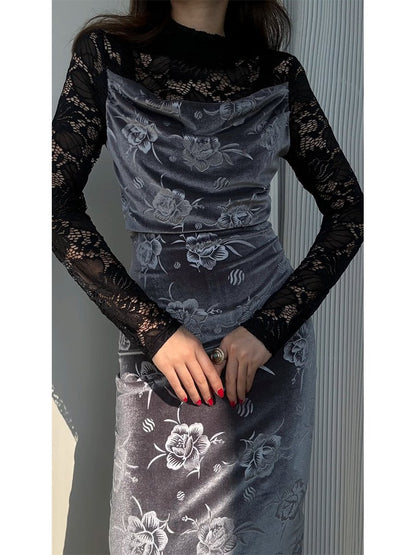 Lace Patchwork Velvet Embroidered Midi Dress