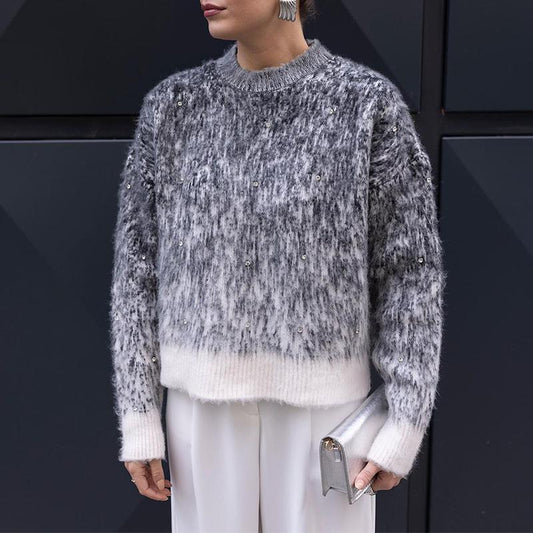 Gradient Wool Knit Rhinestone Sweater