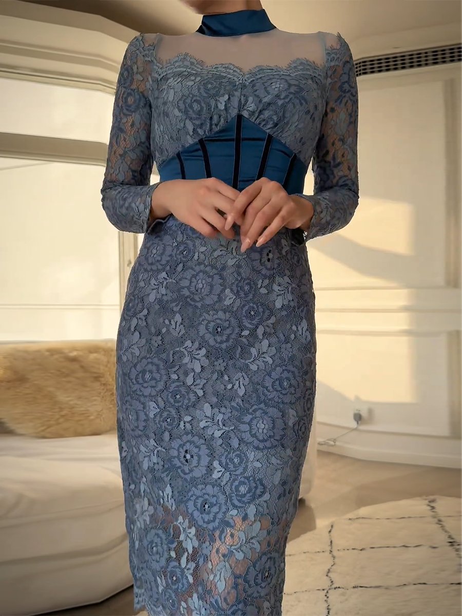 Elegant Blue Lace Floral Midi Dress