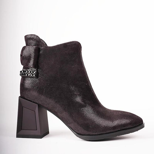 Bow Chunky Heel Leather Ankle Boots