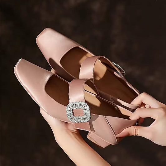 Square Toe Vintage Rhinestone Buckle Women's Leather Shoes