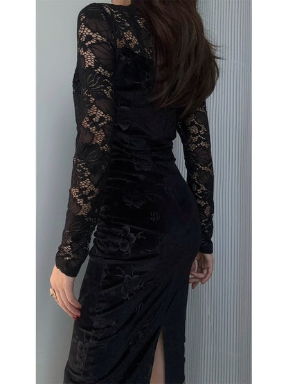 Lace Patchwork Velvet Embroidered Midi Dress