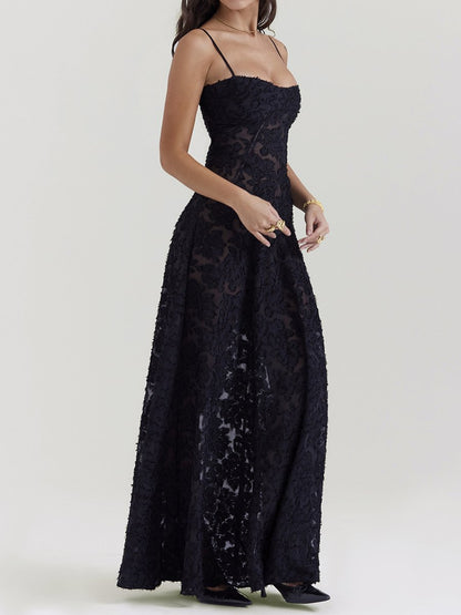 Vintage Black Lace Flower Maxi Dress