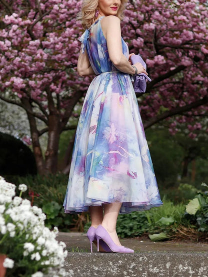 Lilac Printed Chiffon Midi Dress
