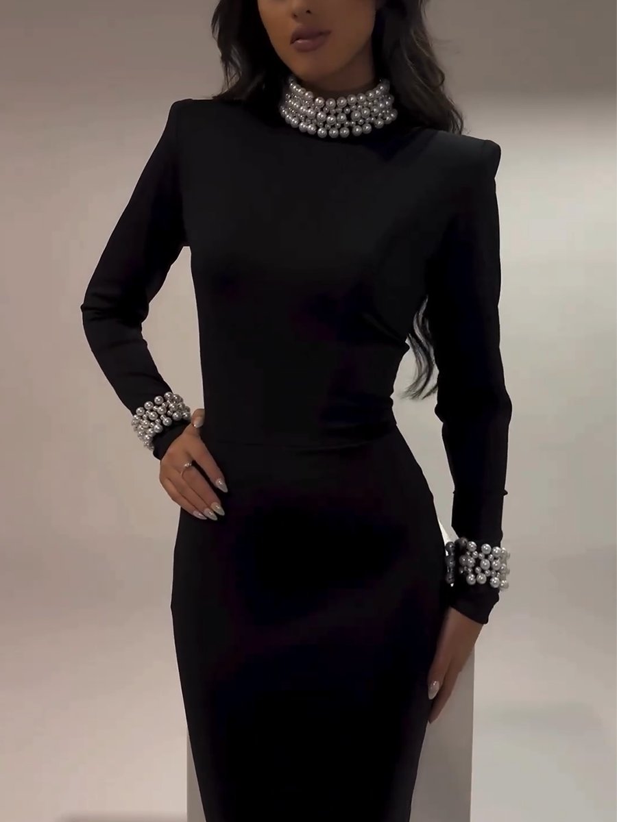 High-collar Pearl-embellished Maxi Dress
