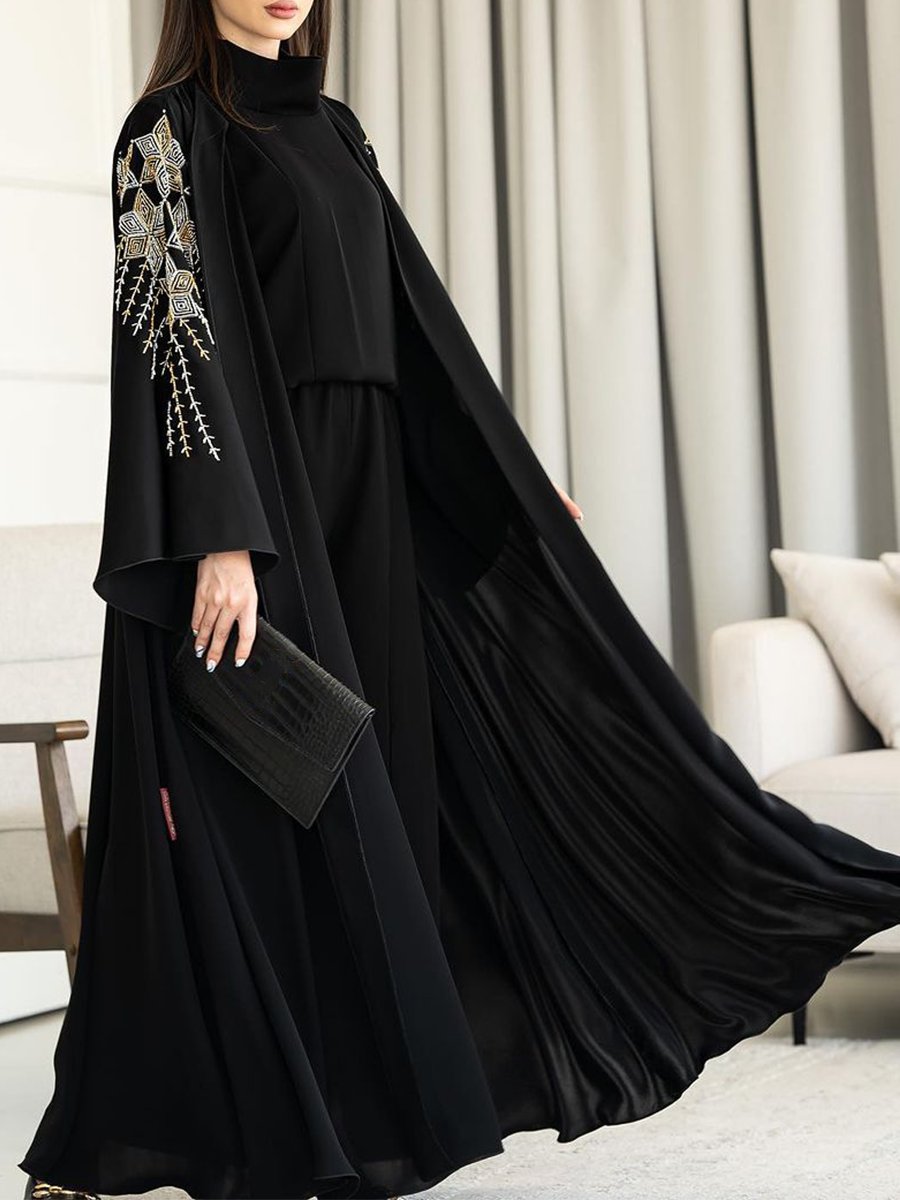 Embroidered Black Robe Unbuttoned Coats
