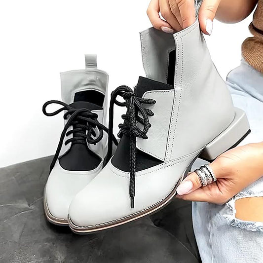 Retro Chunky Heel Gray Leather Lace-Up Women's Boots