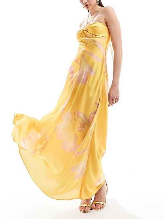 Butterfly Printed Satin Maxi Dress