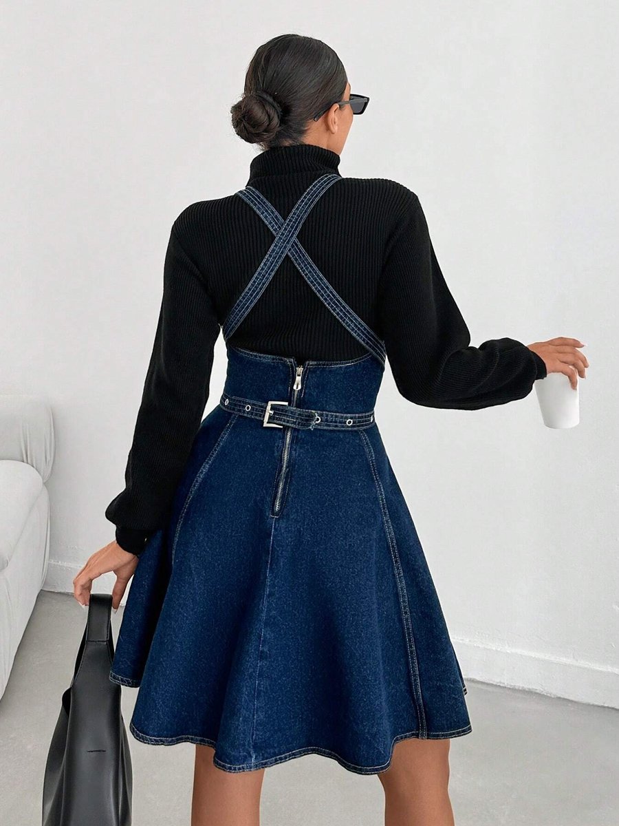 Cotton-lined Solid Denim Vest Mini Dress