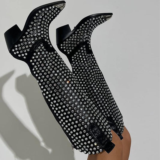 Women's Rhinestone Chunky Heel Long Boots