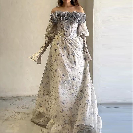 White Rose Strapless Printed Maxi Dress